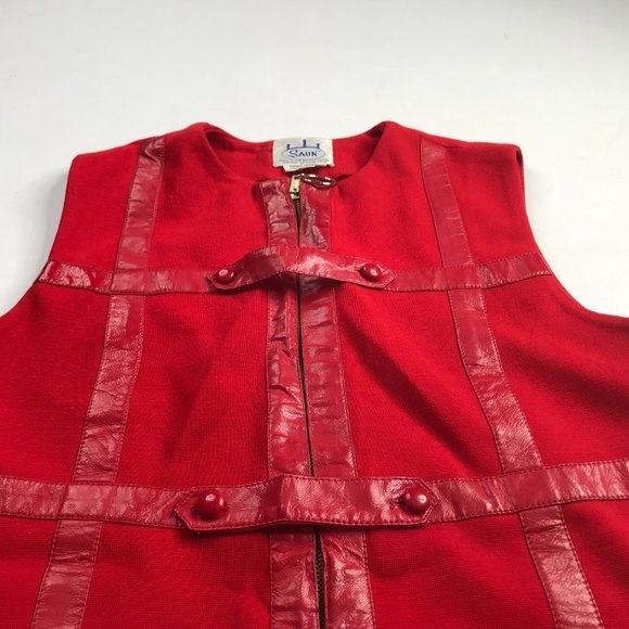 Vintage Retro Gothic Women Sleeveless Leather Lines Top Zip SAUN Wool Size 16🔥 - Picture 5 of 9